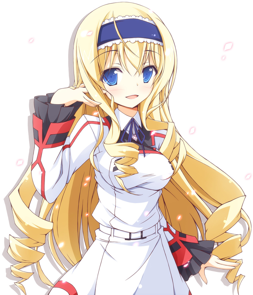 blonde_hair blue_eyes blue_hairband cecilia_alcott curly_hair drill_hair hairband hand_in_hair highres infinite_stratos kanzaki_sora light_smile long_hair looking_at_viewer shirt solo taut_clothes taut_shirt