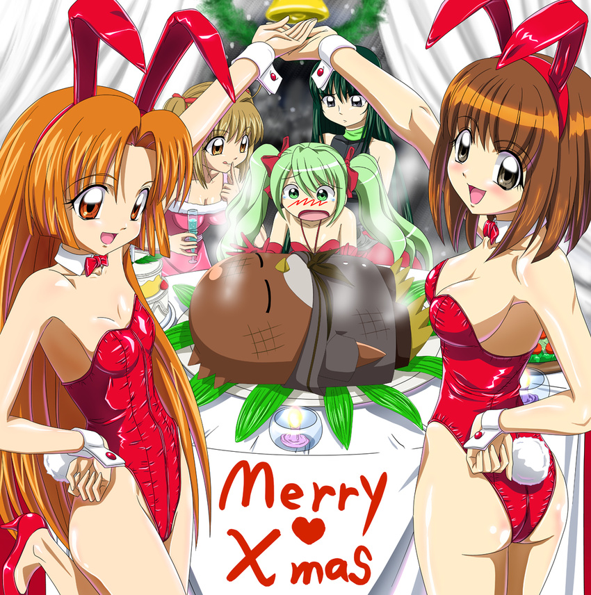 amagi_mikaru animal_ears ankoku_tiger ass bare_legs bird breasts brown_eyes brown_hair bunny_ears bunny_girl bunny_tail bunnysuit christmas cleavage highres hippo_(mermaid_melody_pichi_pichi_pitch) long_hair medium_breasts mermaid_melody_pichi_pichi_pitch multiple_girls nanami_lucia official_style orange_eyes orange_hair penguin seira_(mermaid_melody_pichi_pichi_pitch) short_hair small_breasts tail touin_rina yuuri_(mermaid_melody_pichi_pichi_pitch)