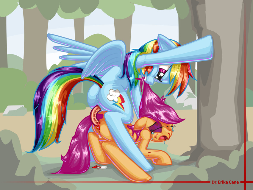 anal anal_penetration blood blue_fur butt crying cub cutie_mark dildo double_dildo dr._erika_cane duo equine female feral food forced friendship_is_magic fur hot_dog ketchup lesbian mammal my_little_pony pegasus penetration rainbow_dash_(mlp) rape scootabuse scootaloo_(mlp) sex_toy wings young