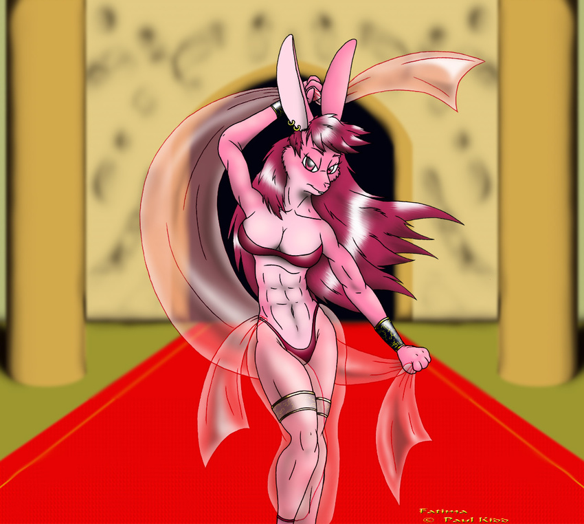 aelius big_breasts breasts cleavage clothed clothing dancing fangs_of_k'aath fangs_of_k'aath fatima female fur hair harem lagomorph long_hair mammal muscles muscular_female navel paul_kidd pink pink_fur see_through shawl solo translucent transparent_clothing