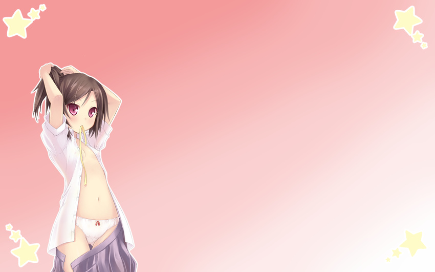 blush brown_hair flat_chest no_bra open_shirt original panties ponytail purple_eyes red_eyes ryo short_hair underwear undressing