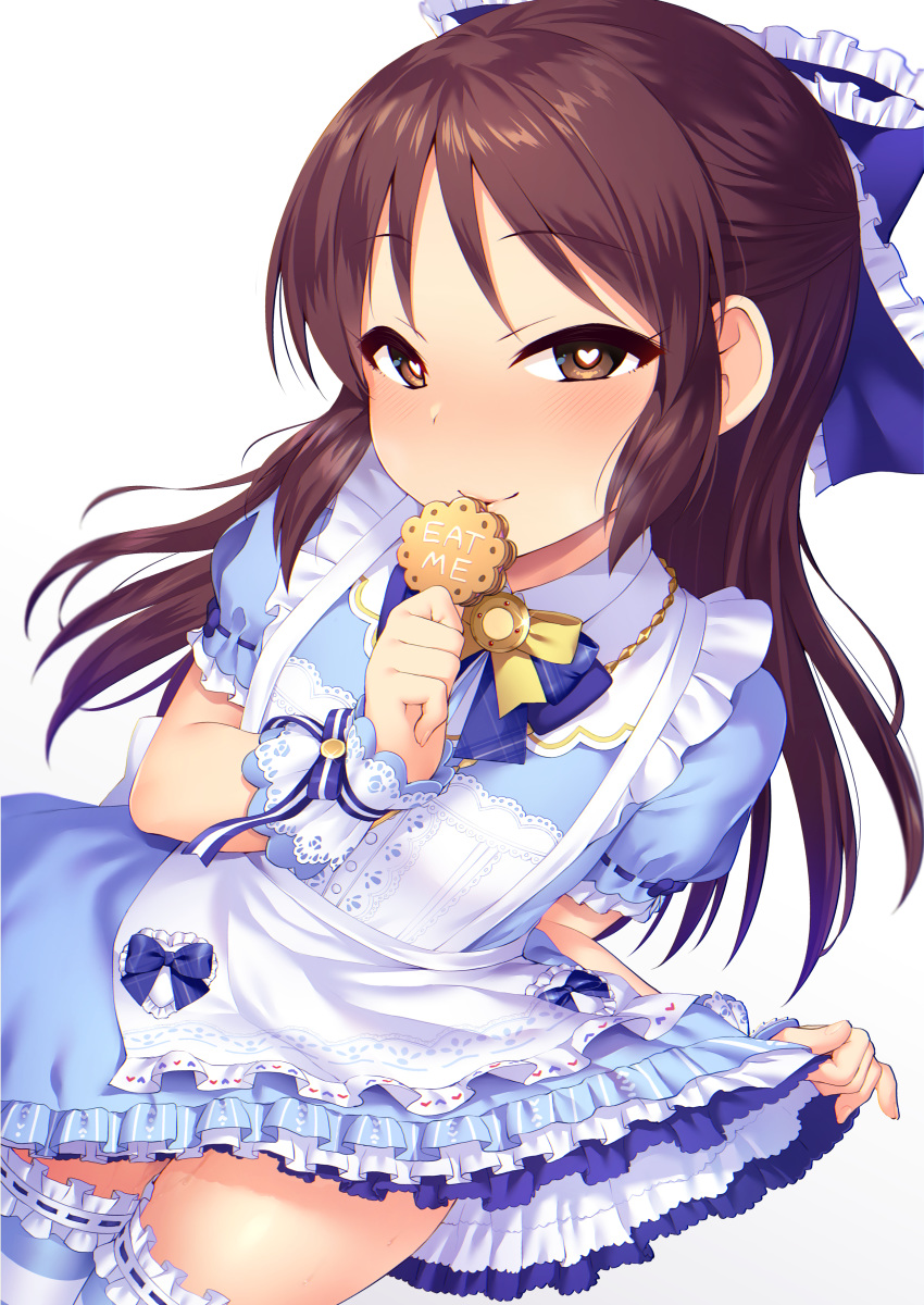 1girl absurdres apron blue_bow blush bow bowtie breasts brown_eyes brown_hair commentary cookie dot_nose dress dress_pull eat_me eyebrows_visible_through_hair food frills hair_bow hair_ornament heart heart-shaped_pupils highres idolmaster idolmaster_cinderella_girls idolmaster_cinderella_girls_starlight_stage light_blue_dress long_hair looking_at_viewer puffy_short_sleeves puffy_sleeves satou_kuuki seductive_smile short_sleeves simple_background small_breasts smile solo symbol-shaped_pupils tachibana_arisu thighhighs white_apron white_background white_legwear wrist_cuffs yellow_neckwear