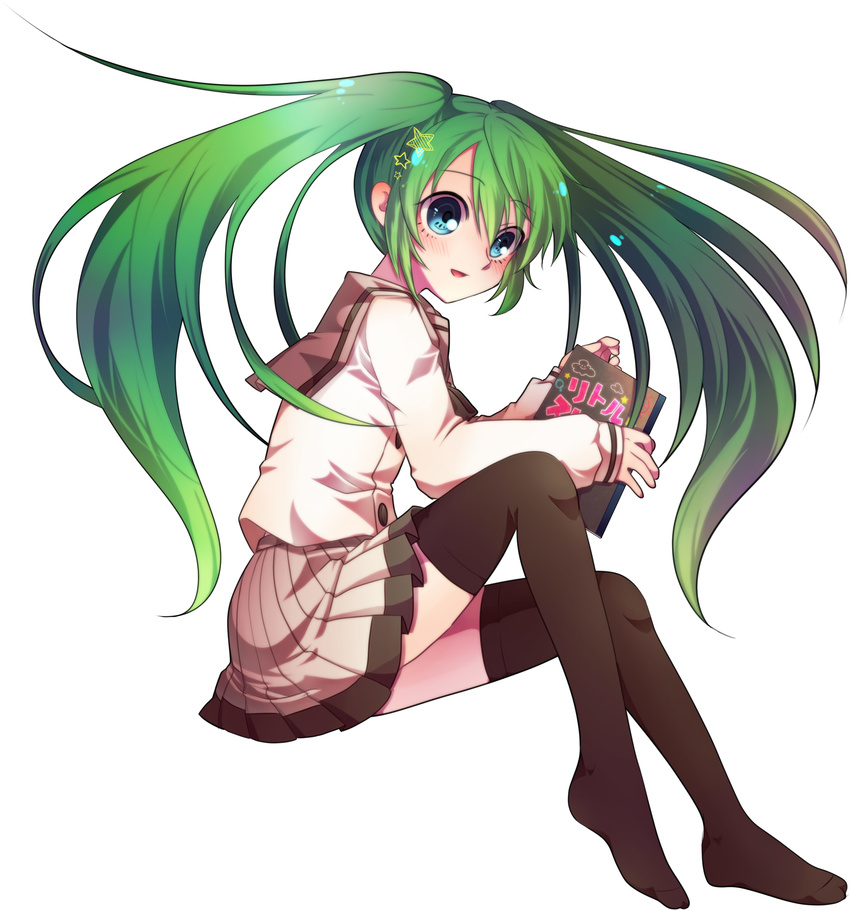 blue_eyes book green_hair hatsune_miku highres long_hair magu simple_background sitting skirt solo thighhighs twintails very_long_hair vocaloid
