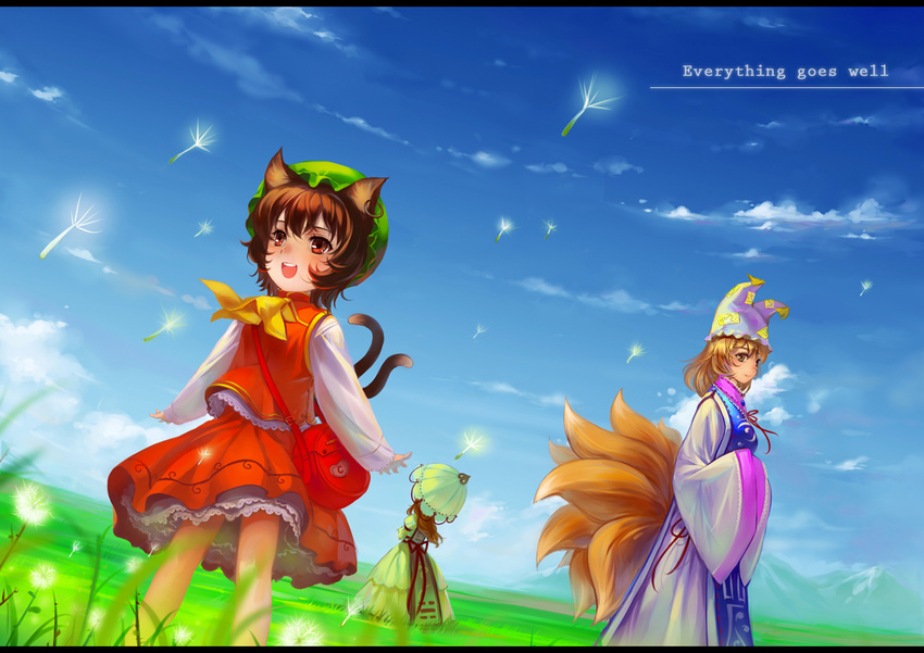 animal_ears ascot bad_id bad_pixiv_id bag blonde_hair brown_eyes brown_hair cat_ears cat_tail chen dress earrings fox_tail from_behind hands_in_opposite_sleeves hat jewelry letterboxed long_hair meadow multiple_girls multiple_tails s.advent short_hair tail touhou umbrella wide_sleeves yakumo_ran yakumo_yukari yellow_eyes