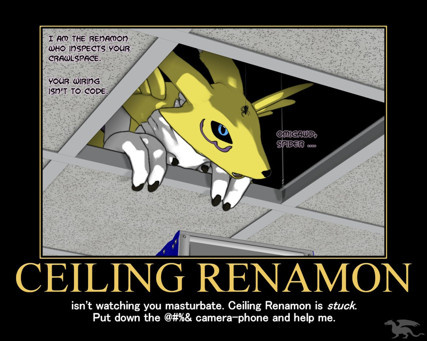 canine ceiling ceiling_renamon crawlspace digimon fox inspection ladder little_dragon motivational_poster parody renamon renamon_who spider stuck suspended_ceiling