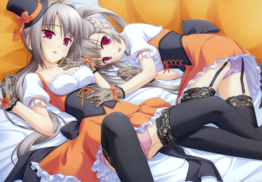 absurdres amakusa_tobari braid canvas_4 corset fang frills garter_belt gloves grey_hair hat highres hitose_mitsuba hitose_satsuki long_hair lying multiple_girls panties red_eyes skirt thighhighs underwear waitress