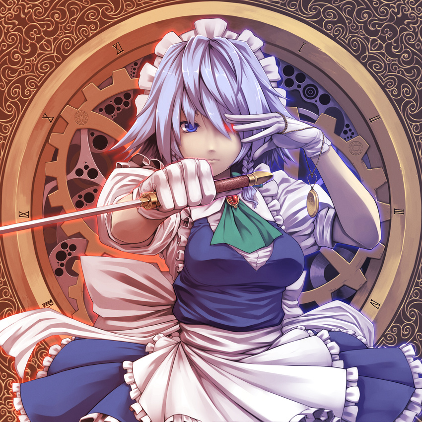 blue_eyes braid clock duplicate gears gloves glowing glowing_eyes hair_over_one_eye heterochromia highres izayoi_sakuya knife maid maid_headdress md5_mismatch pocket_watch short_hair silver_hair solo touhou tro twin_braids watch white_gloves