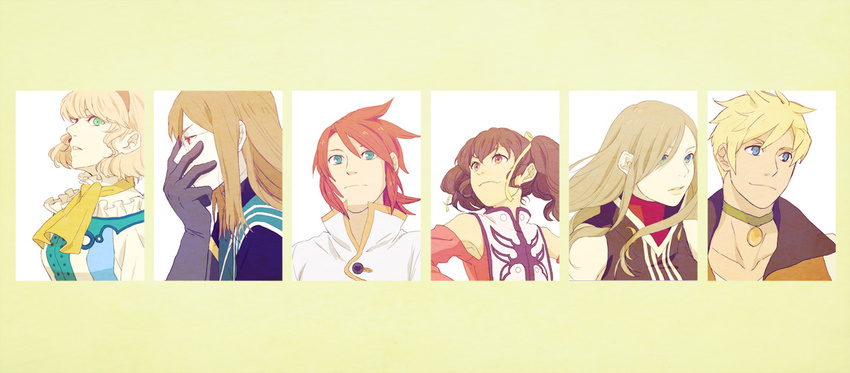 3girls anise_tatlin blonde_hair blue_eyes brown_hair choker glasses gloves green_choker green_eyes guy_cecil jade_curtiss long_hair luke_fon_fabre multiple_boys multiple_girls natalia_luzu_kimlasca_lanvaldear orange_neckwear red_eyes red_hair smile tales_of_(series) tales_of_the_abyss tear_grants twintails