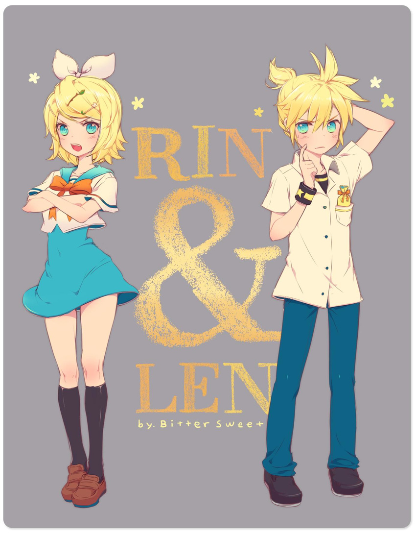 ahoge annoyed bittersweet_(dalcoms) blonde_hair blue_eyes blush casual crossed_arms dress english fang frown hair_bow hairclip highres kagamine_len kagamine_rin open_mouth ponytail short_hair siblings twins vocaloid