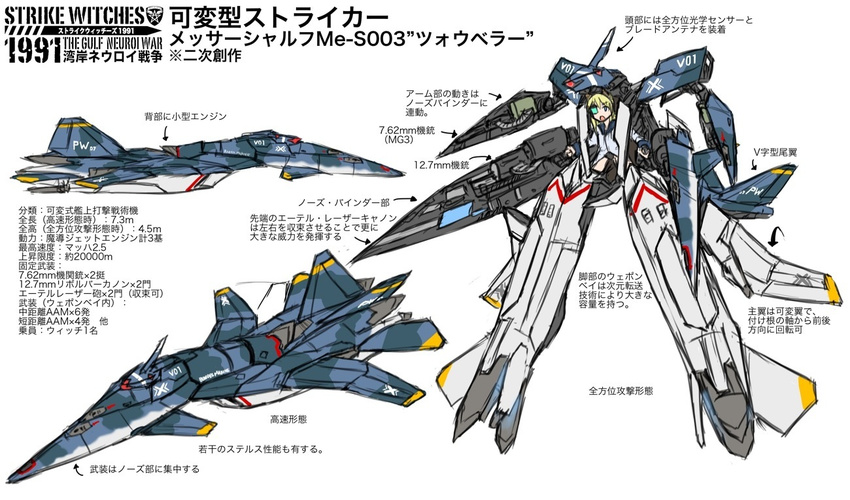 aircraft airplane bad_id bad_pixiv_id blonde_hair blue_eyes commentary_request crossover dakku_(ogitsune) macross mecha parody scouter strike_witches_1991 striker_unit transformation translation_request world_witches_series