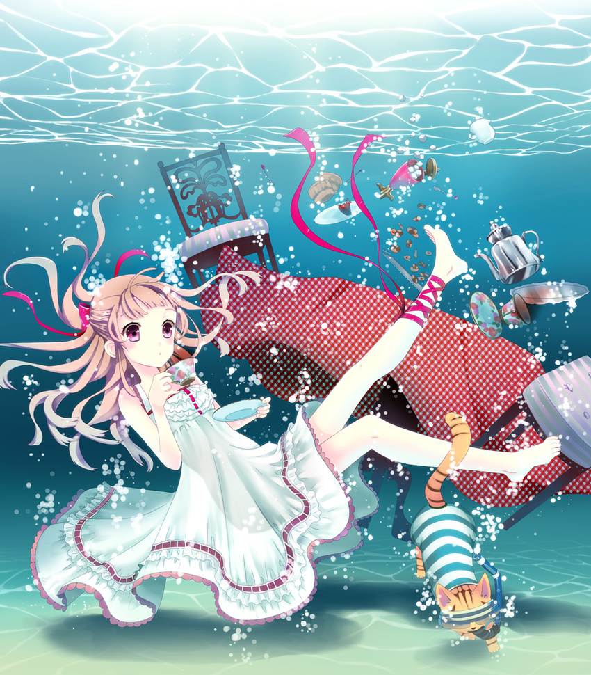 ankle_lace-up bare_legs bare_shoulders barefoot bubble cat chair cross-laced_footwear cup dress feet full_body highres long_hair original pink_eyes pink_hair ribbon saucer sleeveless solo sundress teacup teapot underwater water yuuki_rika