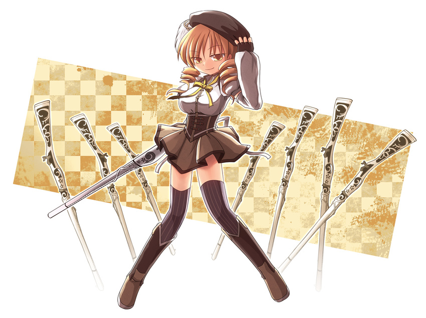 beret boots brown_legwear checkered checkered_background detached_sleeves drill_hair field_of_blades fingerless_gloves full_body gloves gun hair_ornament hairpin hat magical_girl magical_musket mahou_shoujo_madoka_magica planted_weapon pleated_skirt puffy_sleeves ribbon rifle ryuuga_nanamaru simple_background skirt solo striped striped_legwear thighhighs tomoe_mami twin_drills twintails vertical-striped_legwear vertical_stripes weapon white_background zettai_ryouiki