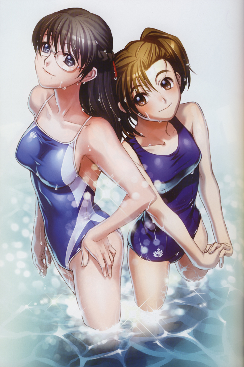 black_hair black_lagoon braid breasts brown_eyes brown_hair collarbone competition_swimsuit glasses grey_eyes hair_ribbon hand_on_hip highres hiroe_rei long_hair maki_(black_lagoon) medium_breasts mole multiple_girls official_art old_school_swimsuit one-piece_swimsuit ribbon school_swimsuit smile standing swimsuit twintails wading washimine_yukio water wet