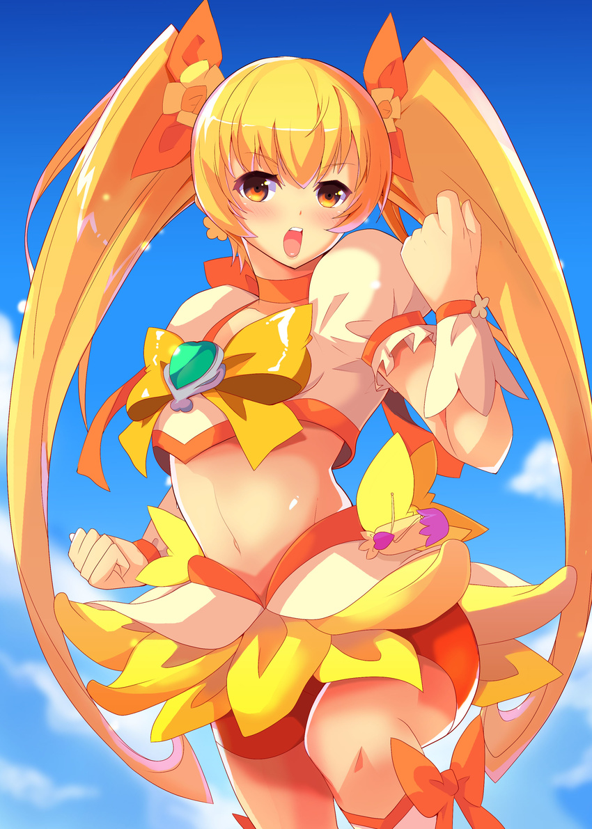 absurdres blonde_hair blue_background blush bow choker clenched_hands cure_sunshine heartcatch_precure! highres long_hair magical_girl midriff myoudouin_itsuki navel open_mouth orange_(color) orange_bow orange_choker precure sakusaku_(sakusakucrab) skirt solo twintails very_long_hair yellow_bow yellow_eyes yellow_skirt