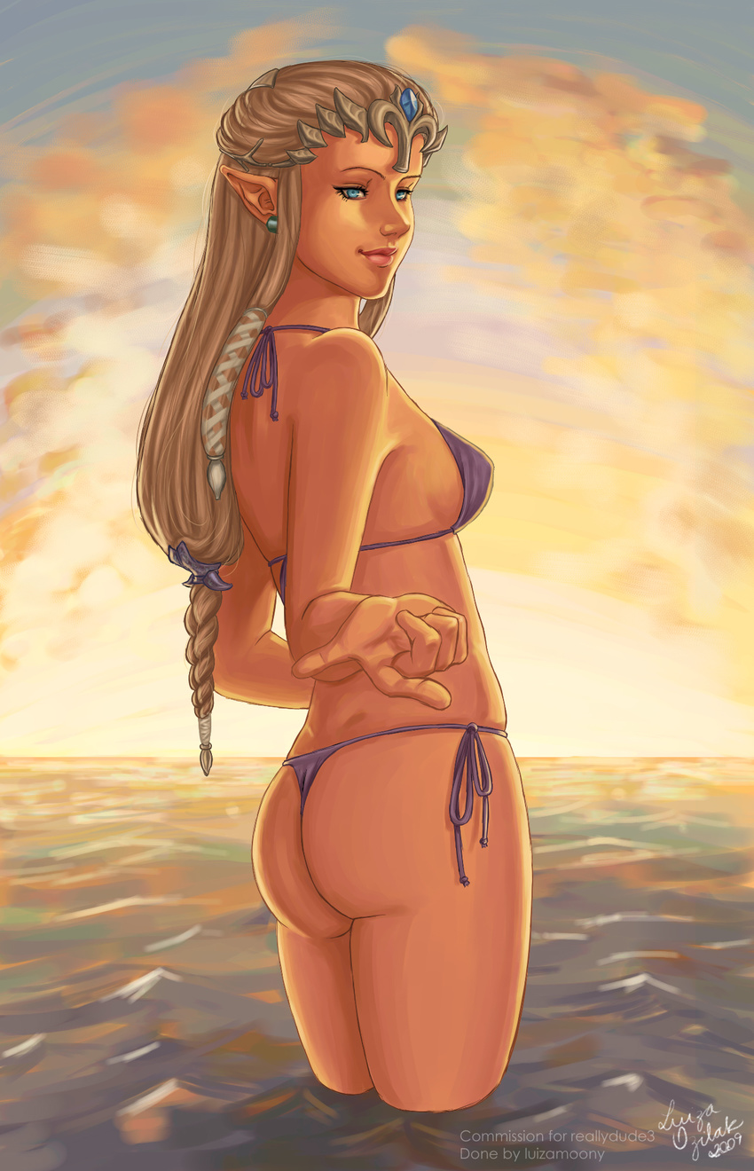 beach bikini breasts butt elf female luizamoony pointy_ears princess_zelda seaside side_boob skimpy solo swimsuit the_legend_of_zelda water