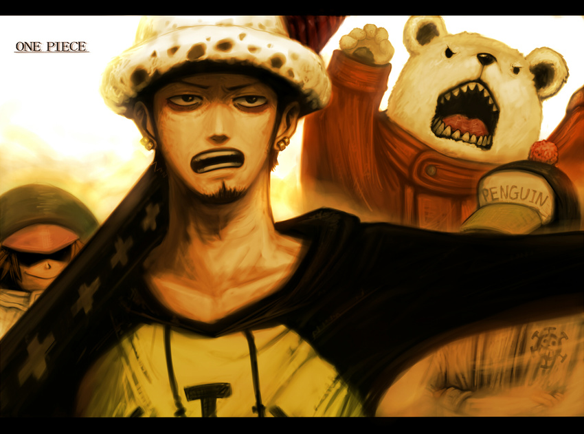 annoyed bad_id bad_pixiv_id bear bepo copyright_name earrings facial_hair goatee hat jewelry meta_gun multiple_boys one_piece penguin_(one_piece) raglan_sleeves shachi_(one_piece) sharp_teeth sword teeth trafalgar_law weapon