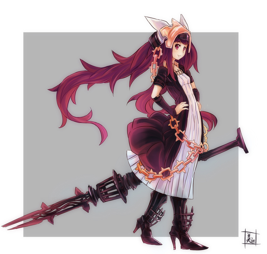 akaitera arm_warmers armor bad_id bad_pixiv_id banned_artist chain dress greaves hands_on_hips long_hair original purple_eyes purple_hair solo twintails very_long_hair weapon