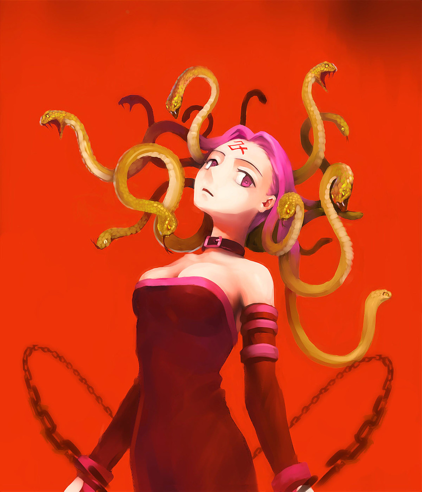 bare_shoulders breasts chain cleavage collar detached_sleeves dress facial_mark fate/stay_night fate_(series) greek_mythology highres medium_breasts purple_eyes purple_hair red_background rider sheepspear snake snake_hair solo strapless strapless_dress