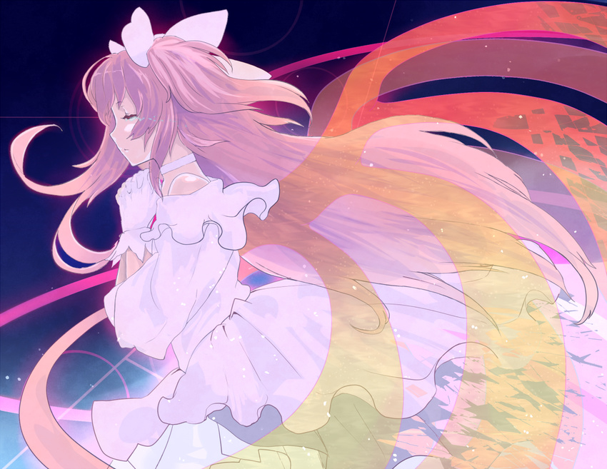 bow closed_eyes dress gloves hair_bow hands_clasped kaname_madoka long_hair magical_girl mahou_shoujo_madoka_magica onoguru own_hands_together pink_hair solo spoilers tears two_side_up ultimate_madoka very_long_hair white_gloves