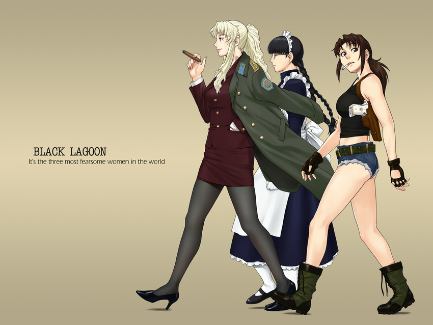 3girls absurdres ass azasuke balalaika balalaika_(black_lagoon) bare_shoulders belt black_hair black_lagoon blonde_hair boots braid breasts brown_eyes brown_hair cigar cigarette english feet fingerless_gloves glasses gloves gun hand_in_pocket handgun high_heels highres holster jacket large_breasts legs long_hair looking_at_viewer looking_away maid maid_headdress multiple_girls nail_polish pantyhose pistol ponytail revy revy_(black_lagoon) roberta roberta_(black_lagoon) shoes short_shorts shorts simple_background skirt smile smoking tank_top thighhighs thighs walking weapon