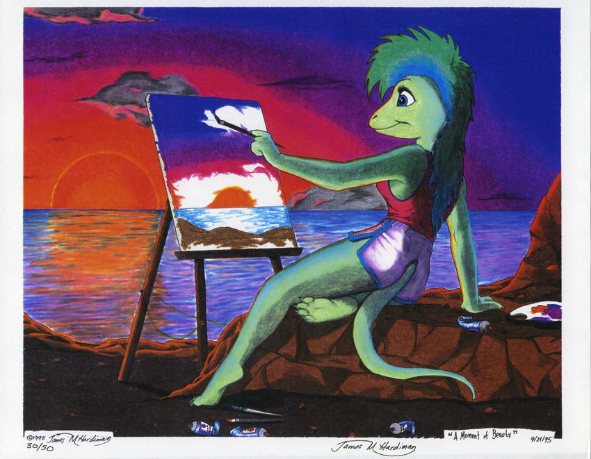 absurd_res blue_eyes desiree female hi_res huge james_m_hardiman lizard mohawk paint painting scalie solo sunset