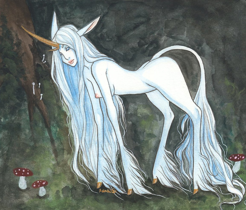 blue_eyes breasts equine fantasy female hair human human/unicorn hybrid lilith littledoll nipples nude polycorn solo tail white
