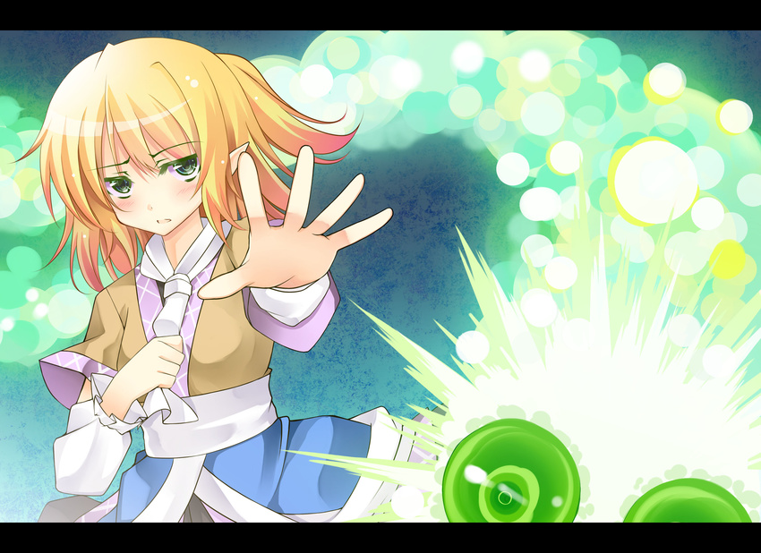 arm_warmers blonde_hair danmaku green_eyes highres jpeg_artifacts kusano_(torisukerabasu) letterboxed mizuhashi_parsee monster outstretched_hand pointy_ears scarf solo touhou upper_body