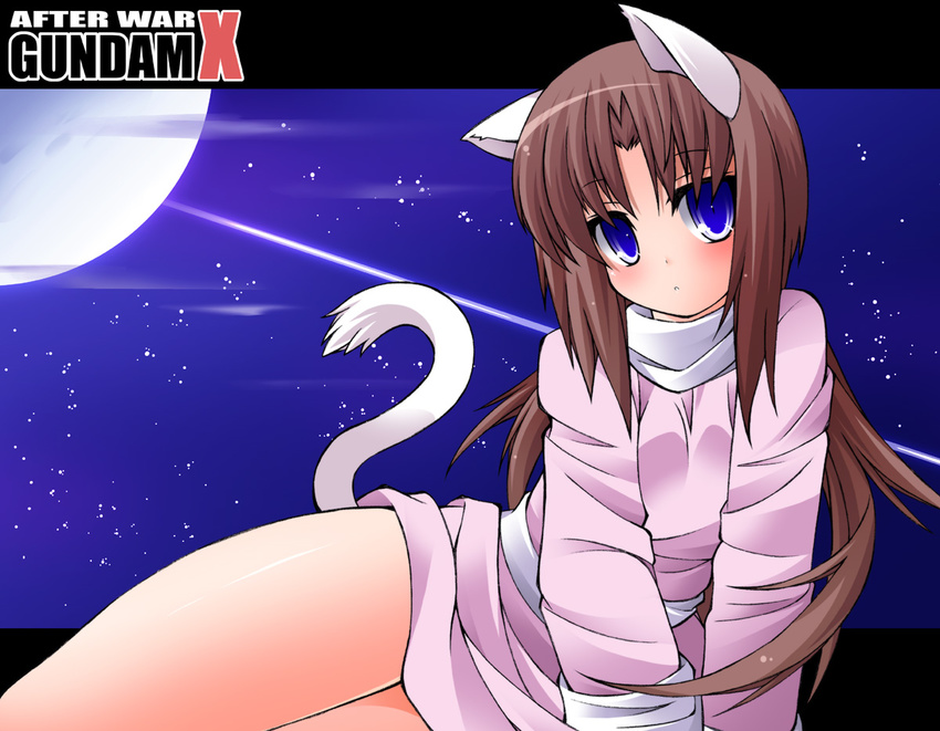 after_war_gundam_x animal_ears arm_support blue_eyes brown_hair cat_ears cat_tail dress full_moon gundam jun'you_maru kemonomimi_mode letterboxed long_hair lying moon on_side sky solo star_(sky) starry_sky tail text_focus tiffa_adill