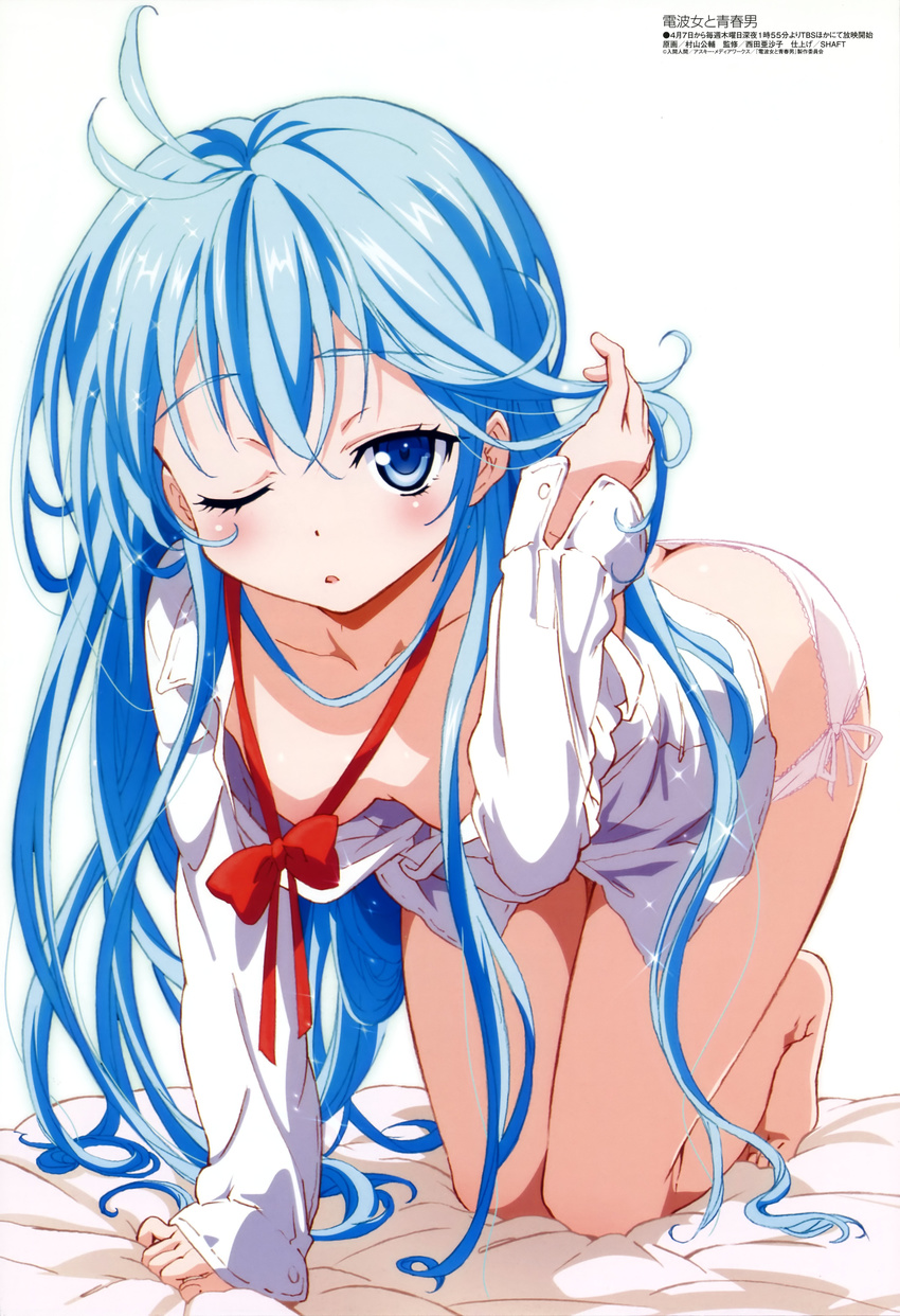 absurdres ahoge all_fours barefoot blue_eyes blue_hair bow butt_crack censored convenient_censoring denpa_onna_to_seishun_otoko downblouse face feet highres long_hair megami murayama_kousuke nishida_asako non-web_source official_art one_eye_closed open_clothes open_shirt panties shirt side-tie_panties solo toenails toes touwa_erio underwear very_long_hair white_panties