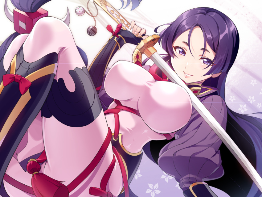 1girl breasts fate/grand_order fate_(series) hakka_(88hk88) highres holding holding_sword holding_weapon katana large_breasts long_hair minamoto_no_raikou_(fate/grand_order) multiple_girls purple_eyes purple_hair smile solo sword weapon