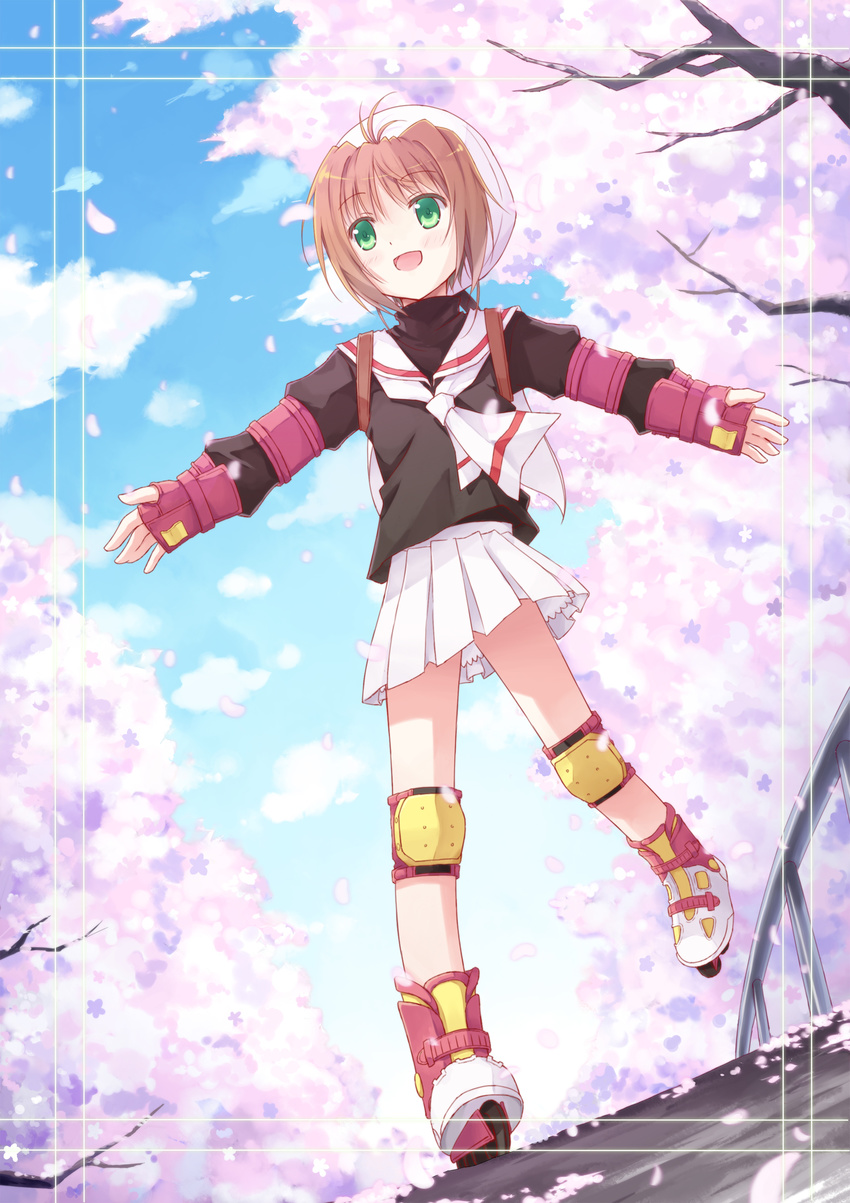 :d absurdres antenna_hair backpack bad_id bad_pixiv_id bag bangs beret blush brown_hair cardcaptor_sakura cherry_blossoms cloud day dutch_angle elbow_pads fingerless_gloves flat_chest frame full_body gloves green_eyes hat highres inline_skates kinomoto_sakura kinoshita_neko knee_pads lace lace-trimmed_skirt leg_lift long_sleeves looking_away miniskirt necktie open_mouth outdoors outstretched_arms parted_bangs petals pleated_skirt railing red_gloves road roller_skates school_uniform shirt short_hair skates skating skirt sky smile solo spread_arms standing standing_on_one_leg street tomoeda_elementary_school_uniform tree turtleneck white_hat