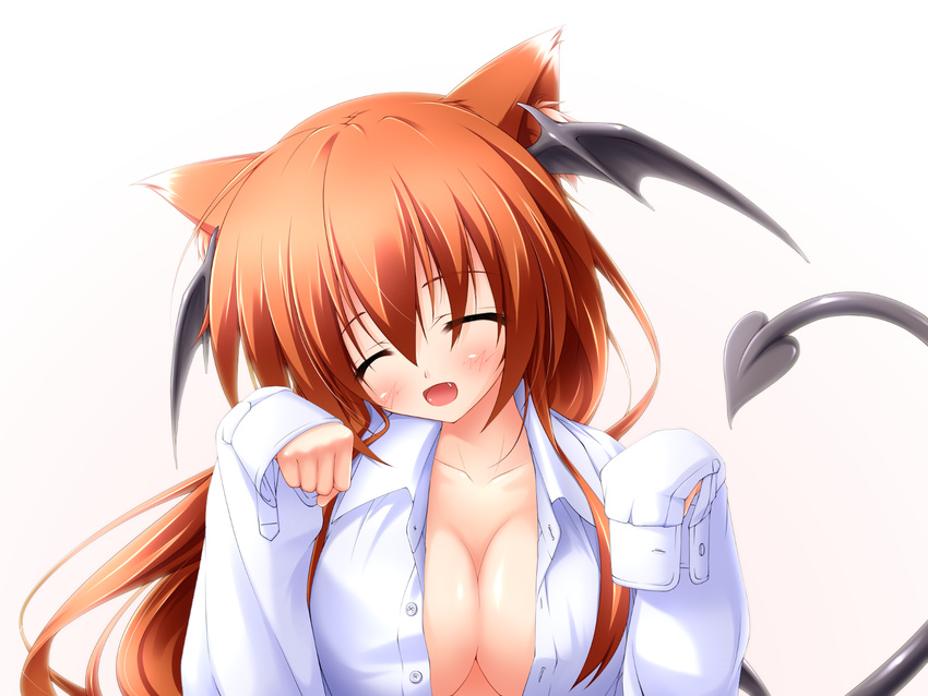 :d ^_^ animal_ears bat_wings blush breasts cat_ears cleavage closed_eyes demon_tail fang head_wings highres kemonomimi_mode koakuma large_breasts long_hair midoriiro_no_shinzou open_clothes open_mouth open_shirt paw_pose red_hair shirt sleeves_past_wrists smile solo tail touhou wings