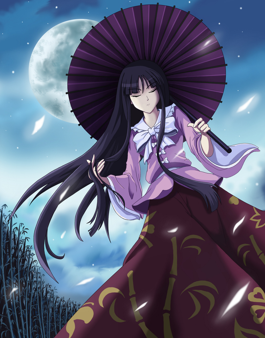 absurdres bamboo bamboo_forest black_hair closed_eyes dress forest full_moon highres houraisan_kaguya japanese_clothes long_hair moon nature night oriental_umbrella solo star_(sky) touhou umbrella zqhzx
