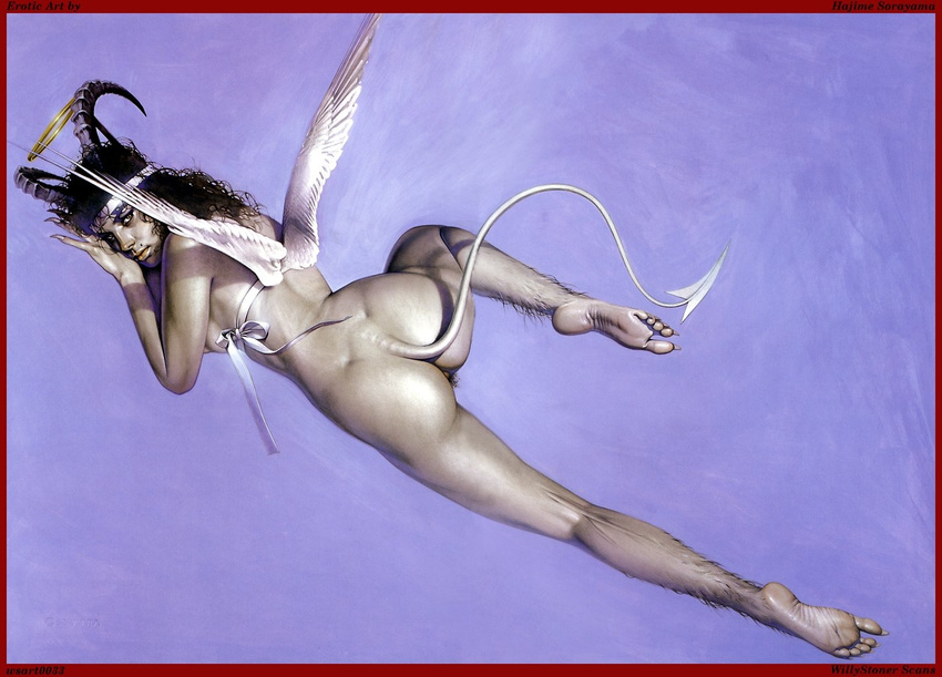 angel demon female hajime_sorayama hindpaw horns nude pubic_hair solo wings