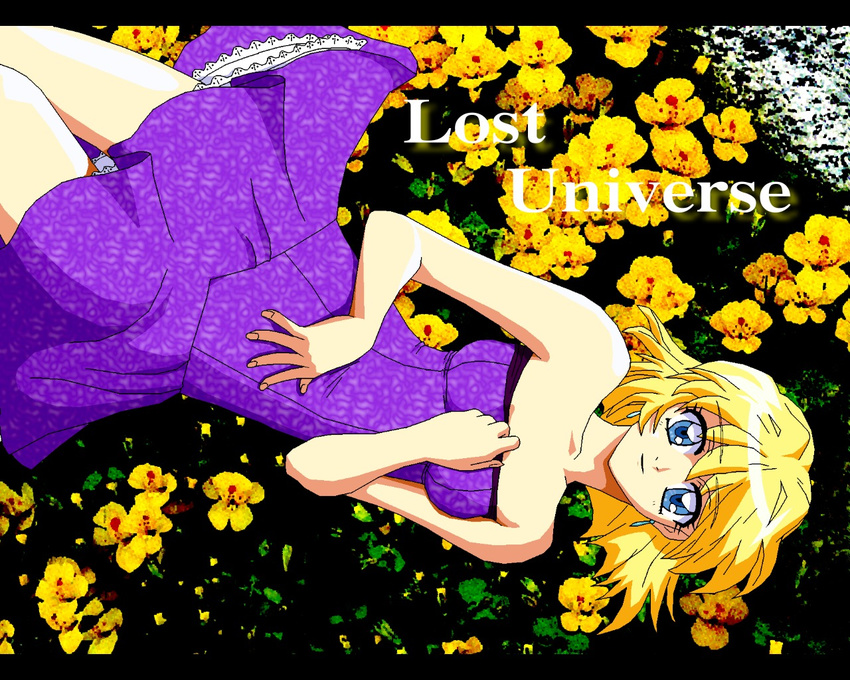 arm arms bare_shoulders blonde_hair blue_eyes breasts dress earrings english female field flower flower_field from_above happy jewelry legs lost_universe lying millennium_feria_nocturne nature on_back plant short_hair smile solo strapless strapless_dress