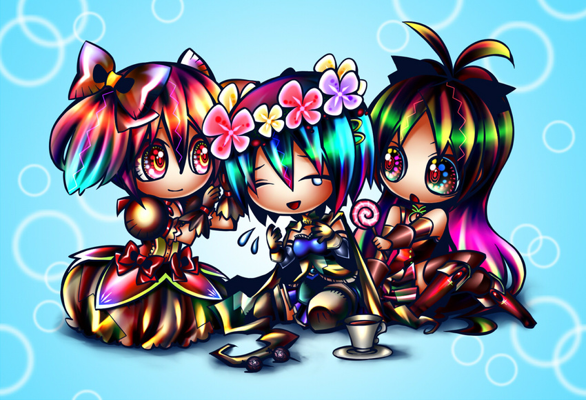 :d :o acid_trip antenna_hair aqua_background bad_id bad_pixiv_id boots bow bubble_skirt candy cape chibi closed_eyes cup detached_sleeves flower flying_teardrops food gloves gradient_hair grief_seed hair_bow hair_flower hair_ornament hairclip happy_tears head_wreath kaname_madoka lollipop long_hair magical_girl mahou_shoujo_madoka_magica miki_sayaka multicolored multicolored_eyes multicolored_hair multiple_girls ninomae no_nose open_mouth ponytail sakura_kyouko saucer short_hair short_twintails simple_background sitting skirt smile soul_gem swirl_lollipop tea teacup teardrop tears thighhighs twintails wreath