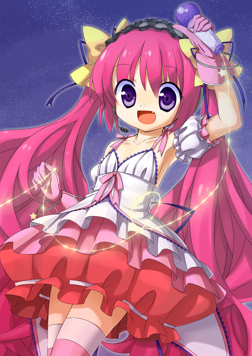 :d absurdres arm_up armpits bad_id bad_pixiv_id bare_shoulders blush bow collarbone dress fang hair_bow headphones highres long_hair microphone open_mouth pink_hair pixiv_fantasia pixiv_fantasia_4 purple_eyes silver15 smile solo star striped striped_legwear thighhighs twintails very_long_hair zettai_ryouiki