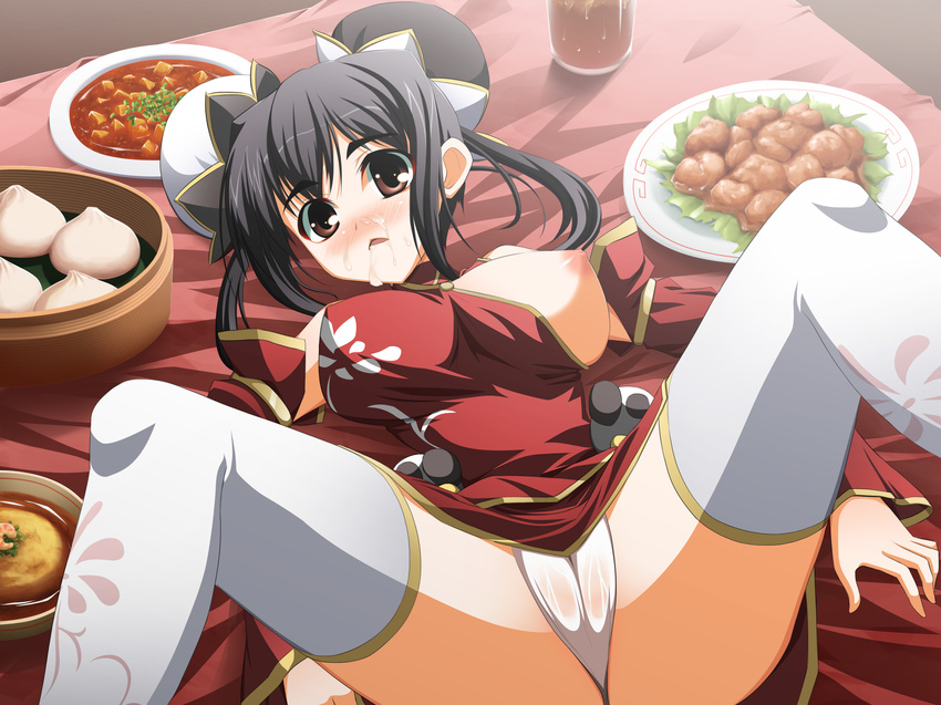 absurdres black_hair breast_slip breasts brown_eyes cameltoe chinese_clothes cum detached_sleeves facial food hair_bobbles hair_ornament highres kokuyouseki labia large_breasts legs nipples no_bra on_table original panties see-through short_hair solo spread_legs table thighhighs thighs underwear white_legwear white_panties