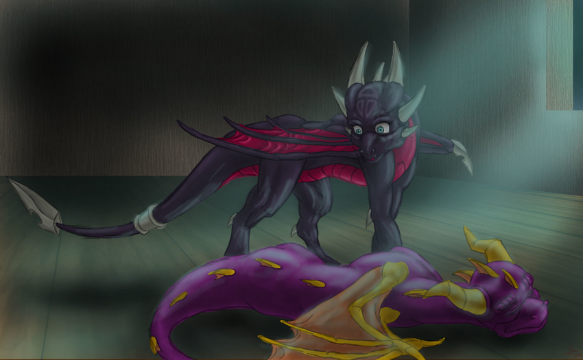 cynder dragon eyes_closed female feral male open_mouth room scalie spartan-029 spiked_tail spyro spyro_the_dragon tail wings