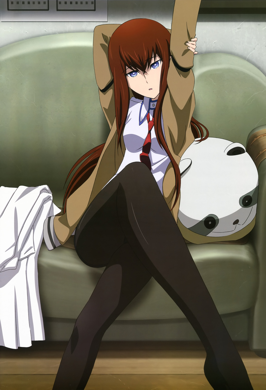 absurdres blue_eyes brown_hair brown_legwear feet_out_of_frame highres legs long_hair makise_kurisu necktie non-web_source nyantype official_art pantyhose red_neckwear sakai_kyuuta shirt solo steins;gate stretch very_long_hair