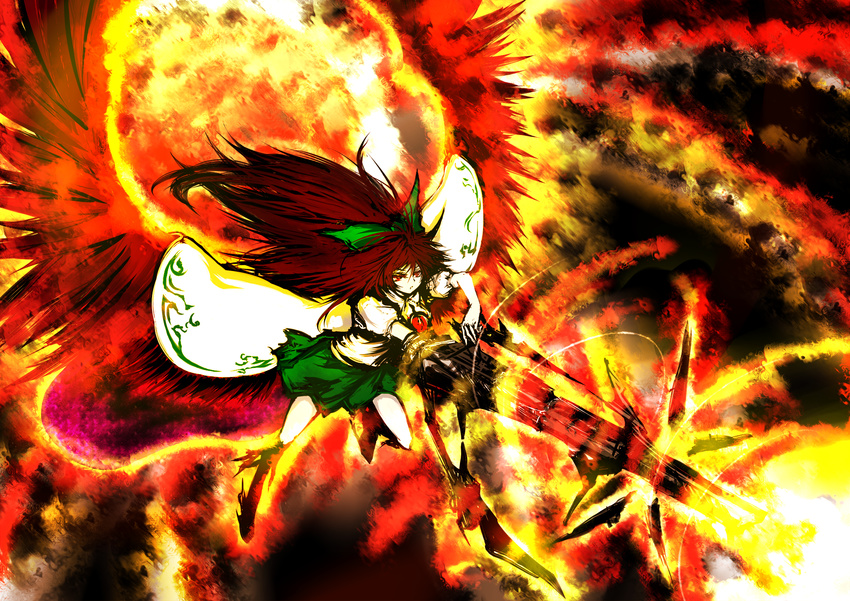acryl alternate_weapon arm_cannon bad_id bad_pixiv_id brown_hair fire firing flame highres long_hair reiuji_utsuho solo touhou weapon wings