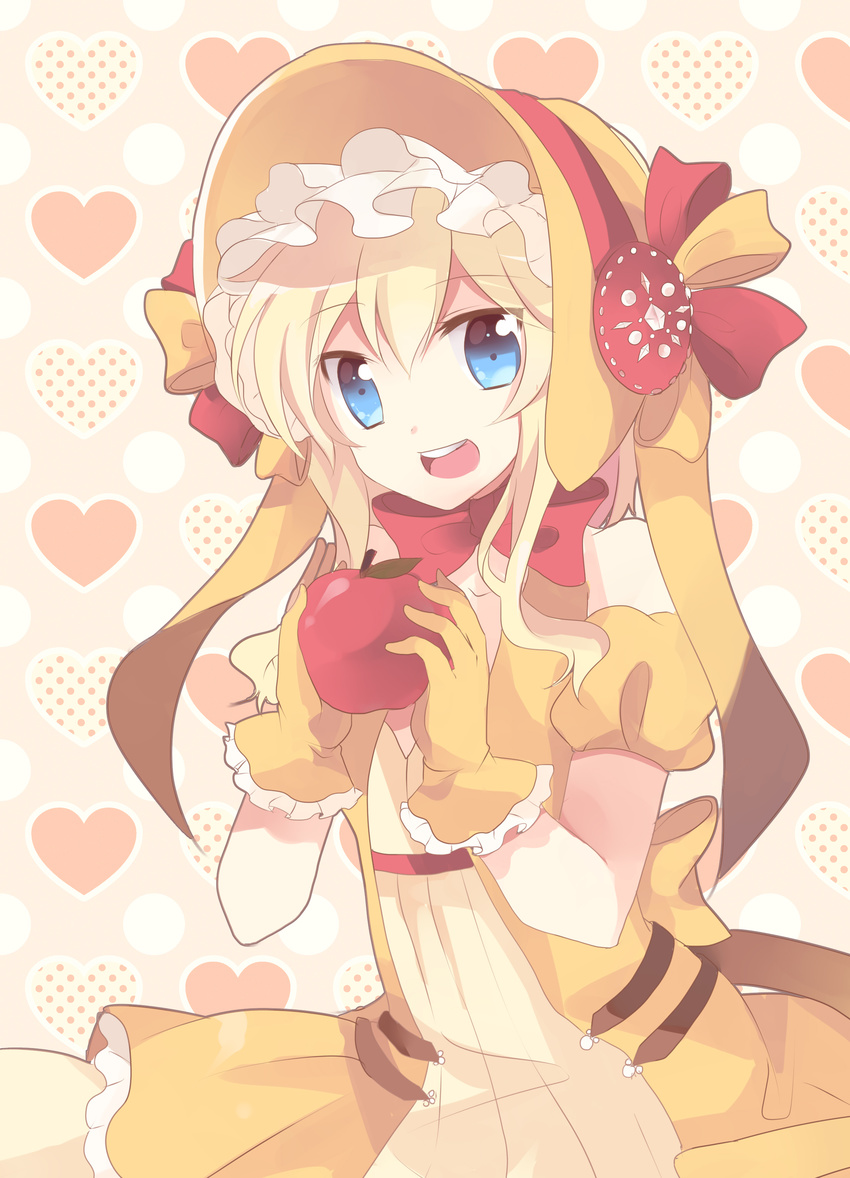 absurdres apple blonde_hair blue_eyes bonnet bow chocho_(homelessfox) food fruit gen_1_pokemon gloves heart highres holding holding_food holding_fruit open_mouth personification pikachu pokemon smile solo