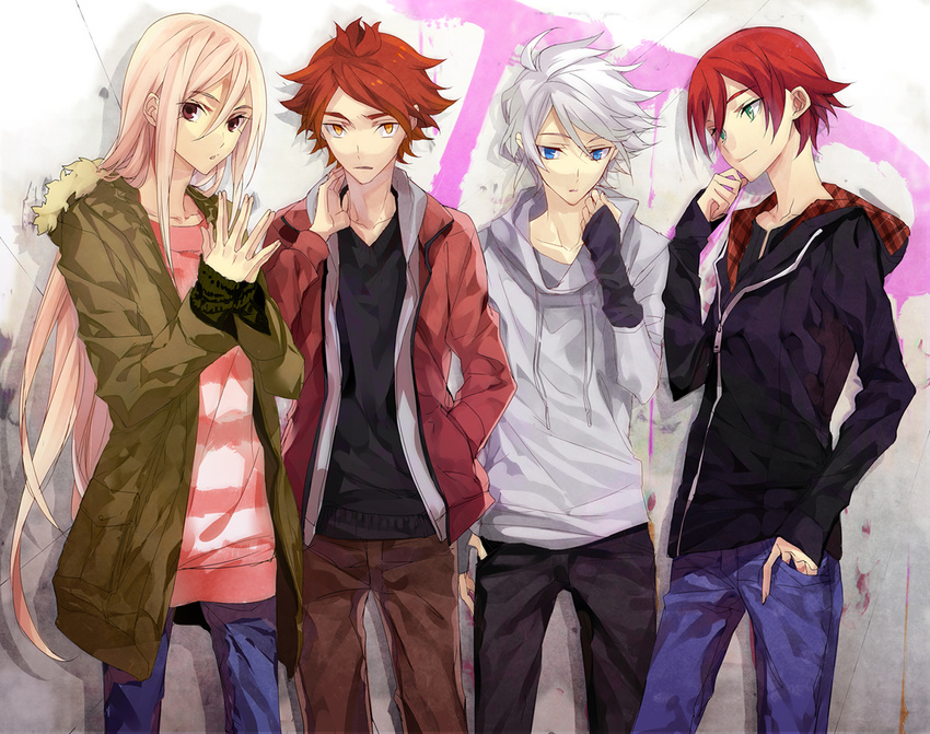 afuro_terumi bad_id bad_pixiv_id blonde_hair blue_eyes casual green_eyes hood hoodie inazuma_eleven inazuma_eleven_(series) izumi_(nagashi) kiyama_hiroto long_hair male_focus multiple_boys nagumo_haruya red_eyes red_hair suzuno_fuusuke white_hair yellow_eyes