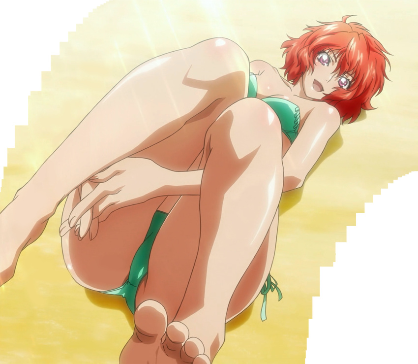 bandeau barefoot bikini feet highres ibis_douglas kobayashi_akemi orange_hair purple_eyes screencap side-tie_bikini solo stitched super_robot_wars super_robot_wars_og_the_inspector super_robot_wars_original_generation swimsuit third-party_edit toes