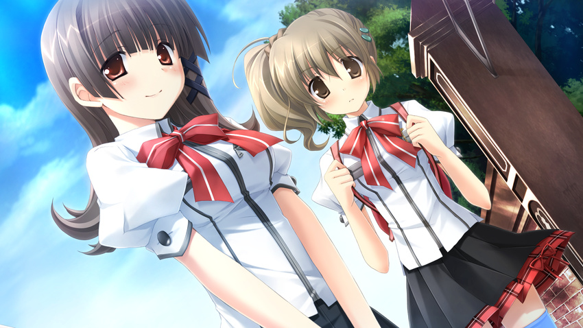 2girls brown_eyes brown_hair game_cg ikegami_akane makiya_kasumi makiya_sumika seifuku with_ribbon