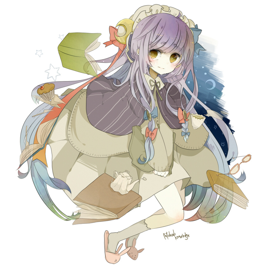 adapted_costume bad_id bad_pixiv_id blush book crescent cup glasses hat highres long_hair patchouli_knowledge purintowswsp purple_hair solo teacup teapot tears touhou yellow_eyes