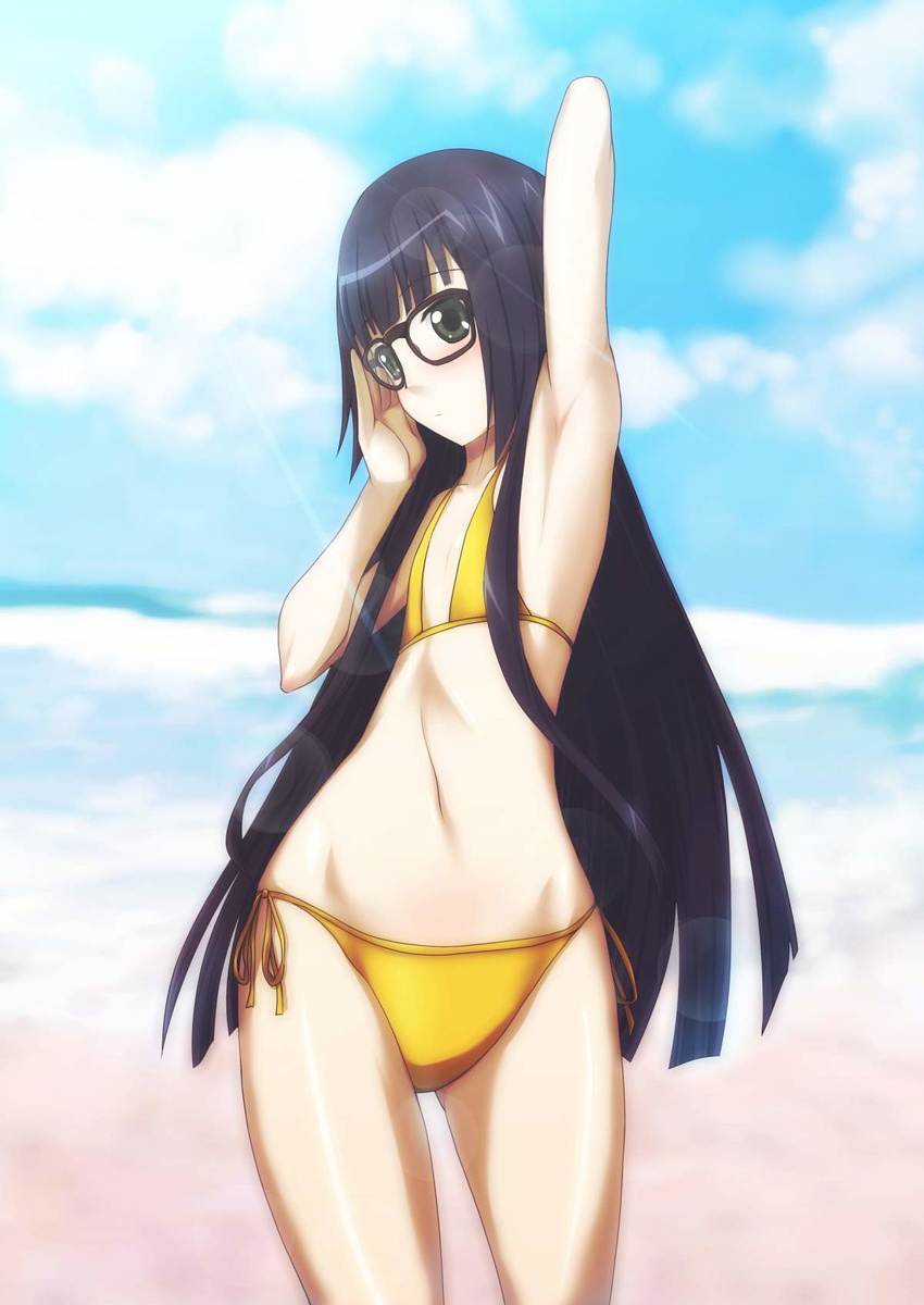 armpits asobi_ni_iku_yo! bikini black_hair flat_chest futaba_aoi_(asobi_ni_iku_yo!) glasses green_eyes highres long_hair side-tie_bikini solo swimsuit yuuki1103