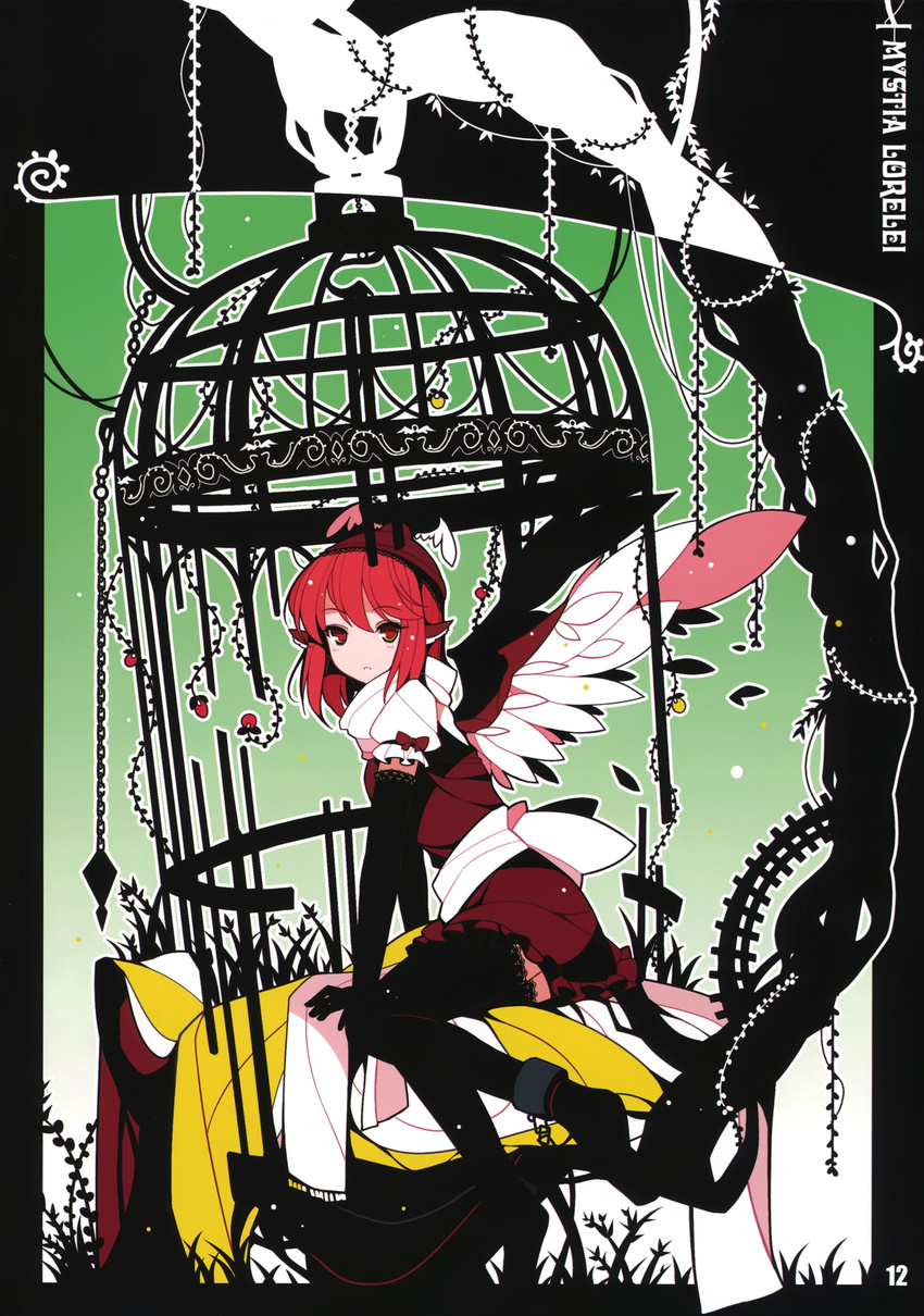 absurdres alternate_costume animal_ears black_legwear blush bow cage chain dress elbow_gloves gloves hat highres ideolo mystia_lorelei no_nose plant red_eyes red_hair scan short_hair sitting solo thighhighs touhou vines wings zettai_ryouiki