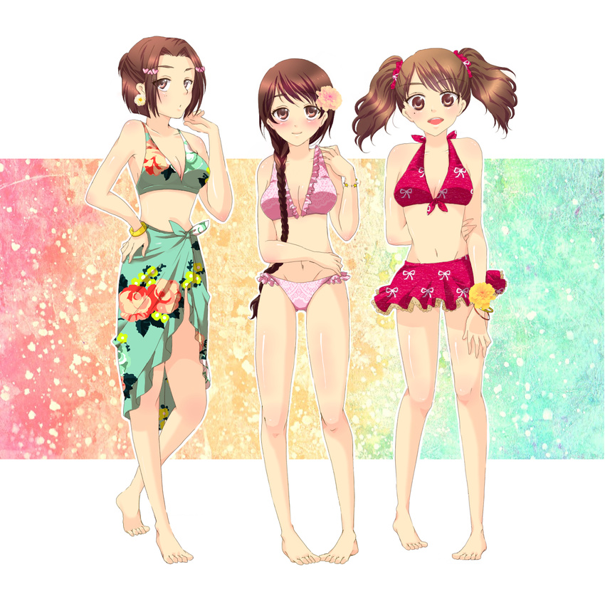 barefoot bikini bracelet brown_eyes brown_hair floral_print flower green_sarong hair_flower hair_ornament highres ichimatsu_kafu jewelry multicolored multicolored_background multiple_girls osakada_tomoka print_sarong ryuuzaki_sakuno sarong swimsuit tachibana_an tennis_no_ouji-sama twintails