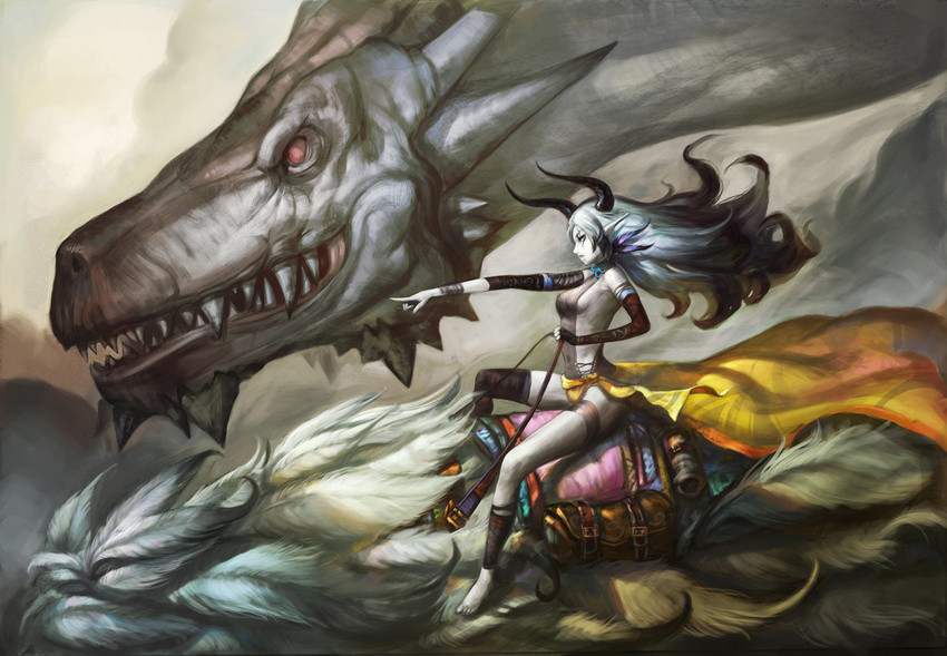1girl barefoot blue_eyes breasts copyright_request dragon fantasy feathers grey_hair horns laces long_hair long_legs narongchai_singhapand navel open_clothes pale_skin pointing pointy_ears profile readman red_eyes riding sideboob solo thigh_strap very_long_hair